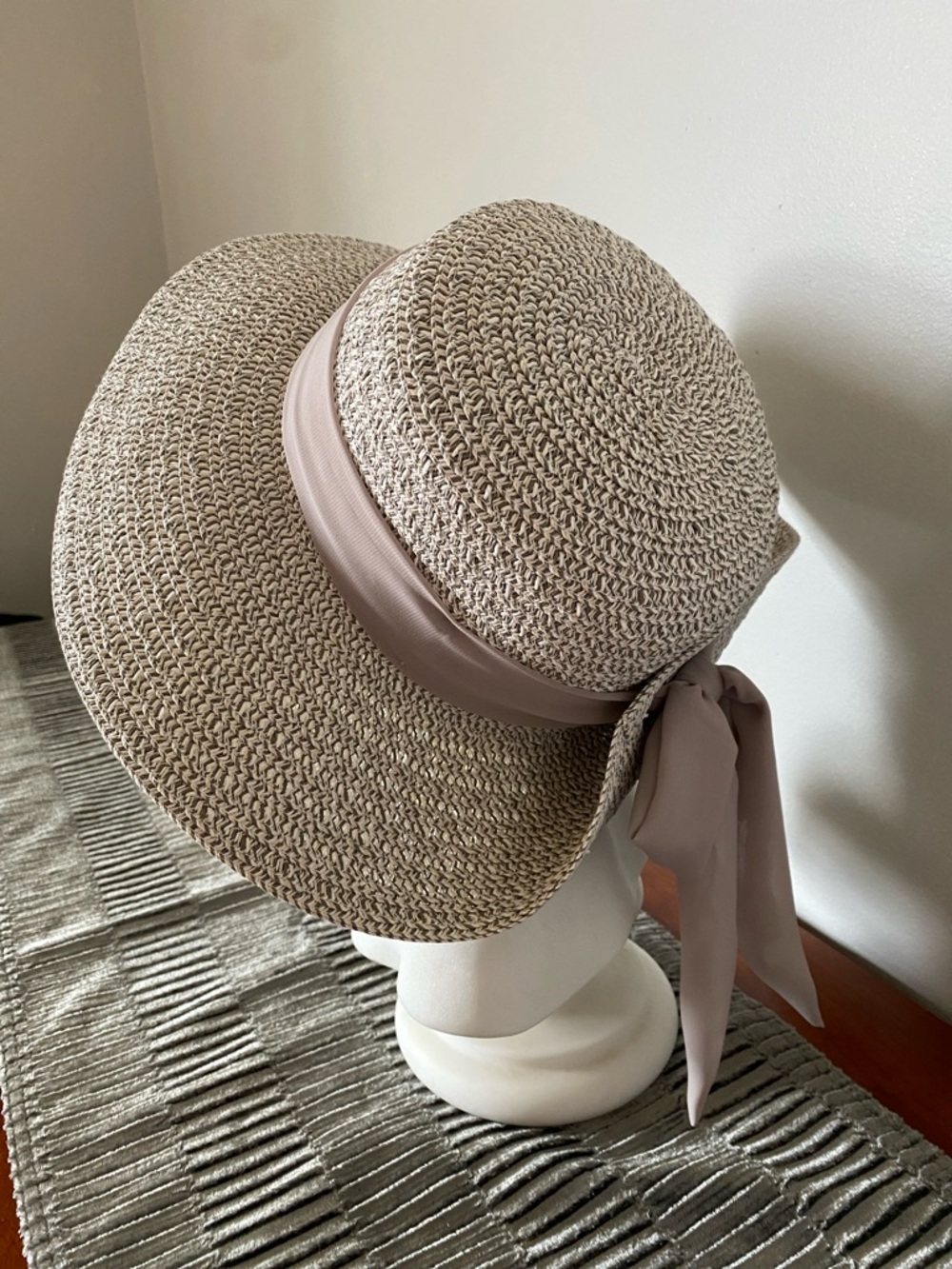 Nine West Woven Straw Sun Hat in Taupe with Ribbon Tied in a Bow